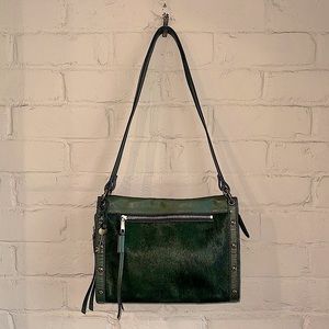 Fossil Allie army green boho satchel leather purse with calf hair